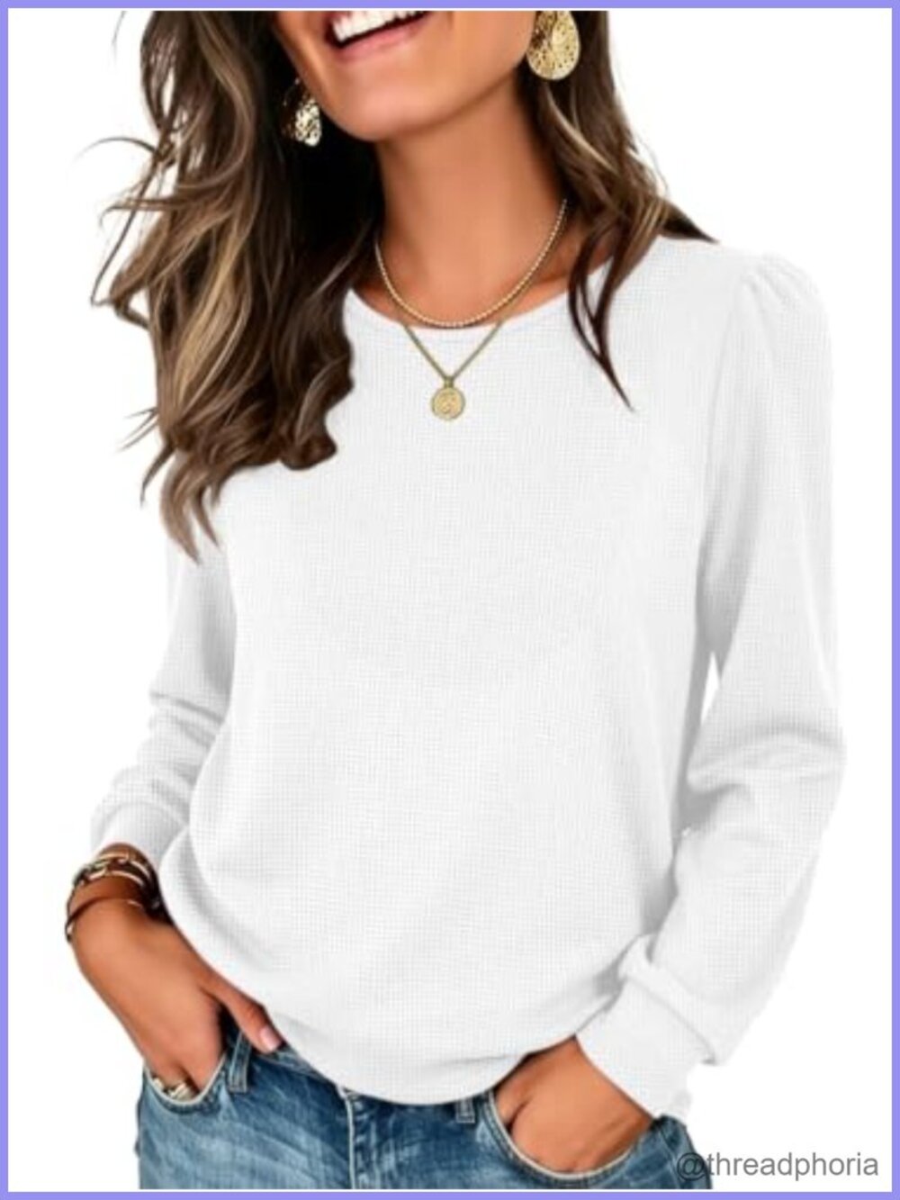 Women's Long Sleeve Waffle Knit Tunic Top Loose Fit Crewneck Pullover
